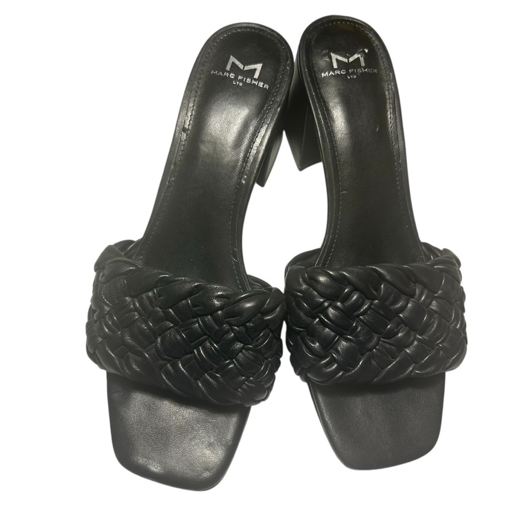Marc Fisher Nahea Block Heel Black Leather Quilted Slides Sz 9